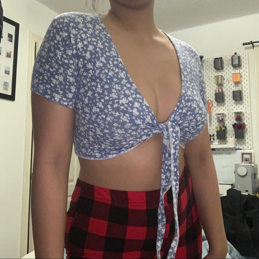Blue, Floral, Tie Front, Crop Top